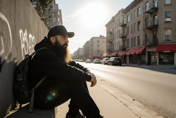 Man sitting on urban sidewalk at sunset with buildings.