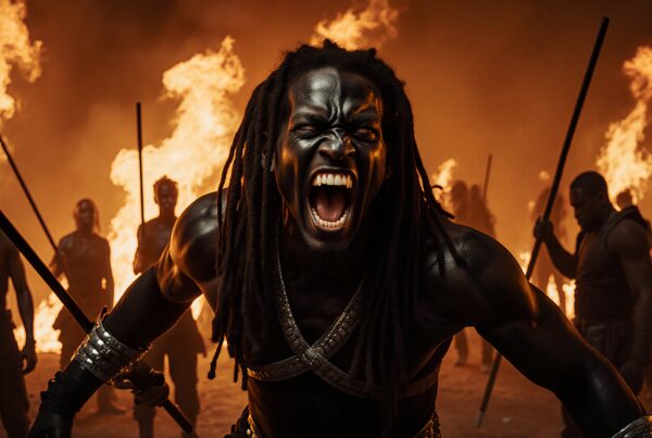 A fierce warrior with dreadlocks roars amidst flames and shadowy figures, evoking intensity and conflict.