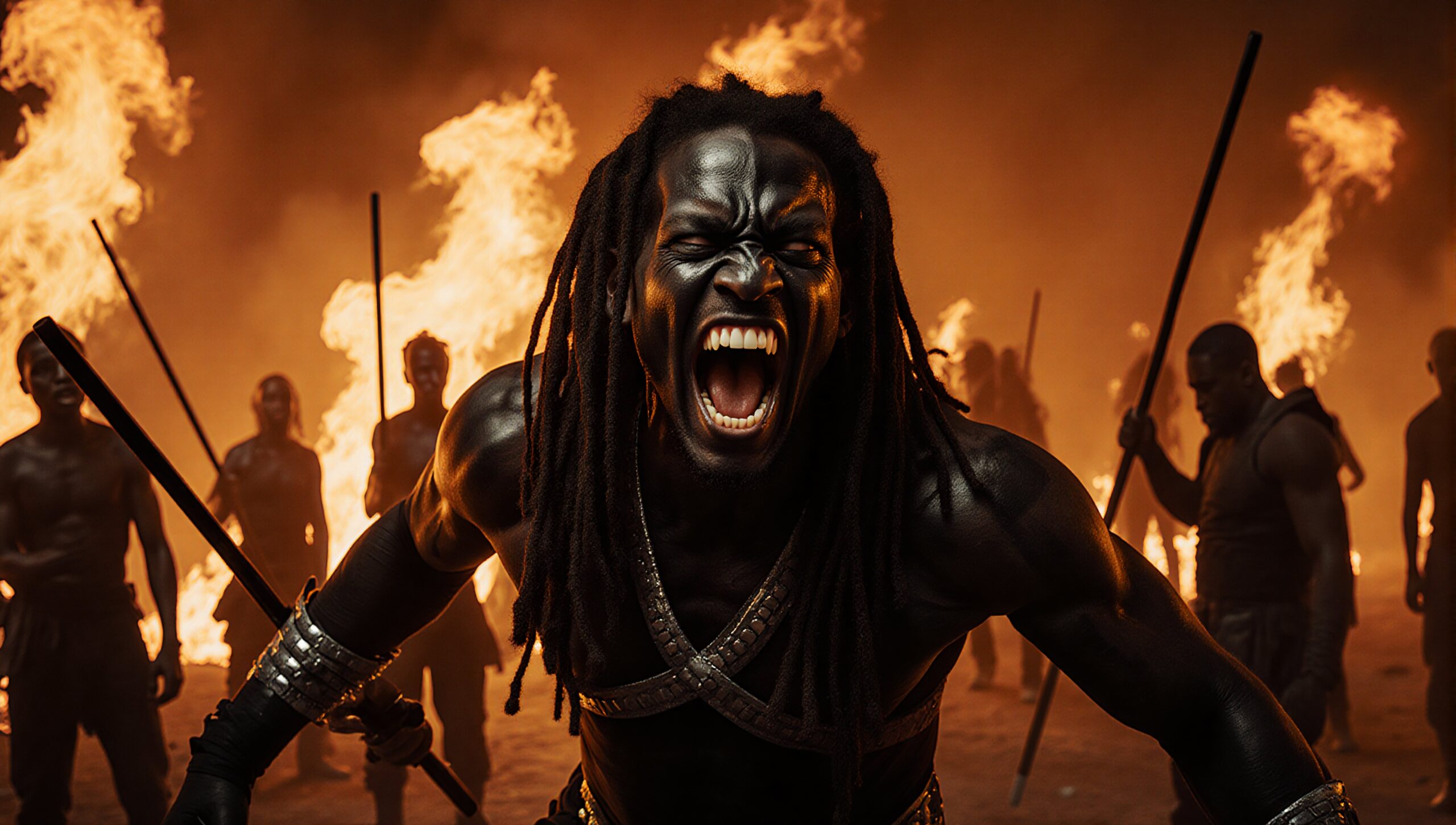 Warrior Amidst Flaming Battle Scene