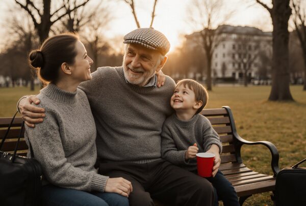 Three generations enjoying sunset together.
