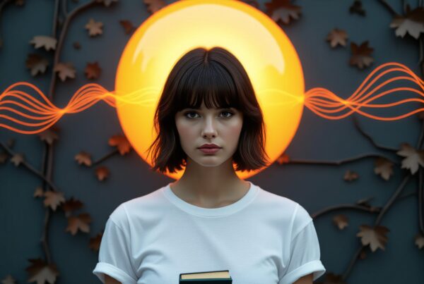 A woman in front of an illuminated circular backdrop holds a book, surrounded by leaves.