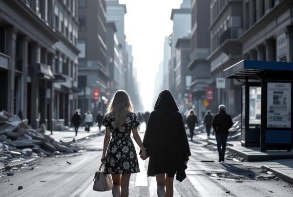 Two women walking on a sunlit city street surrounded by tall buildings and rubble.