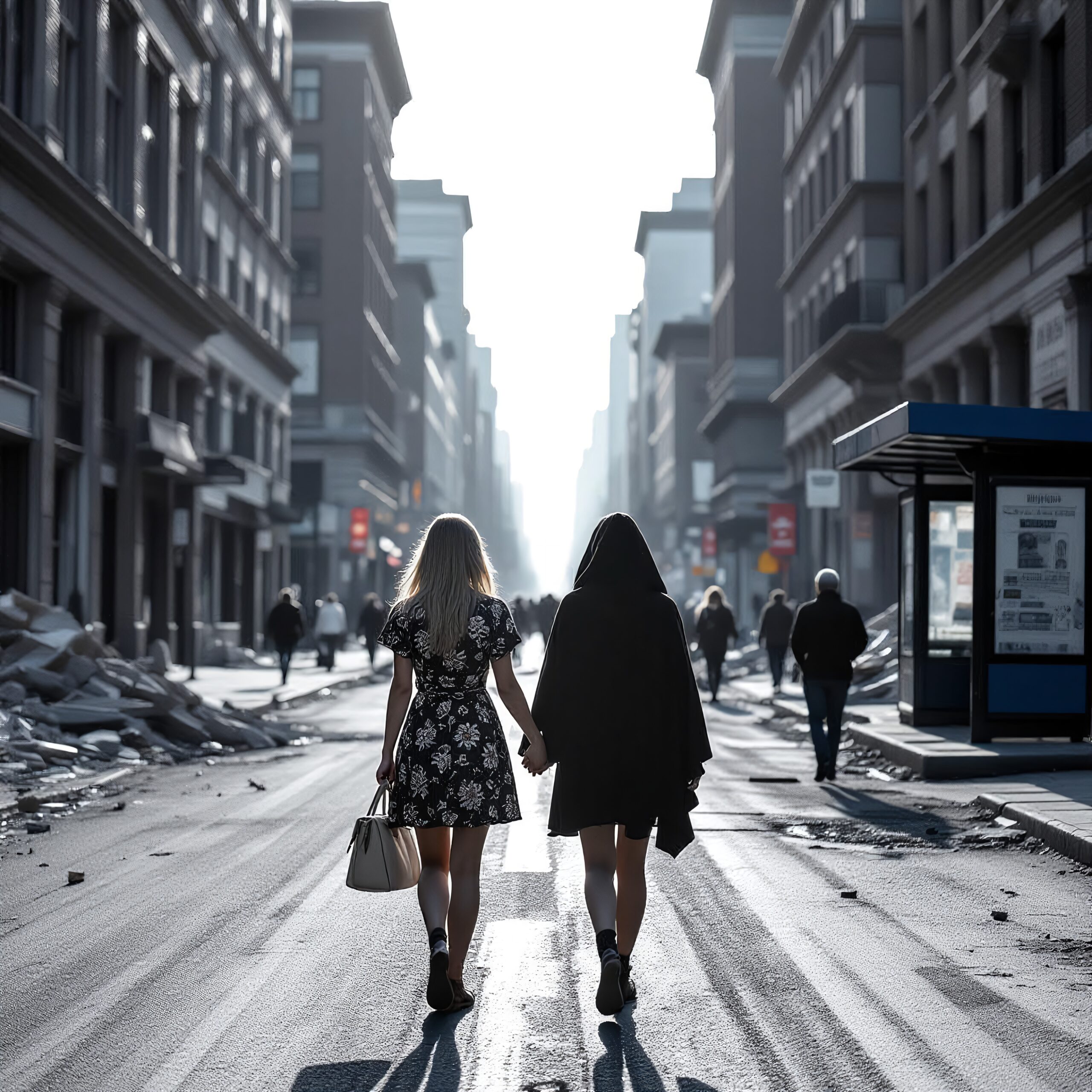 Women Walking Through City Ruins