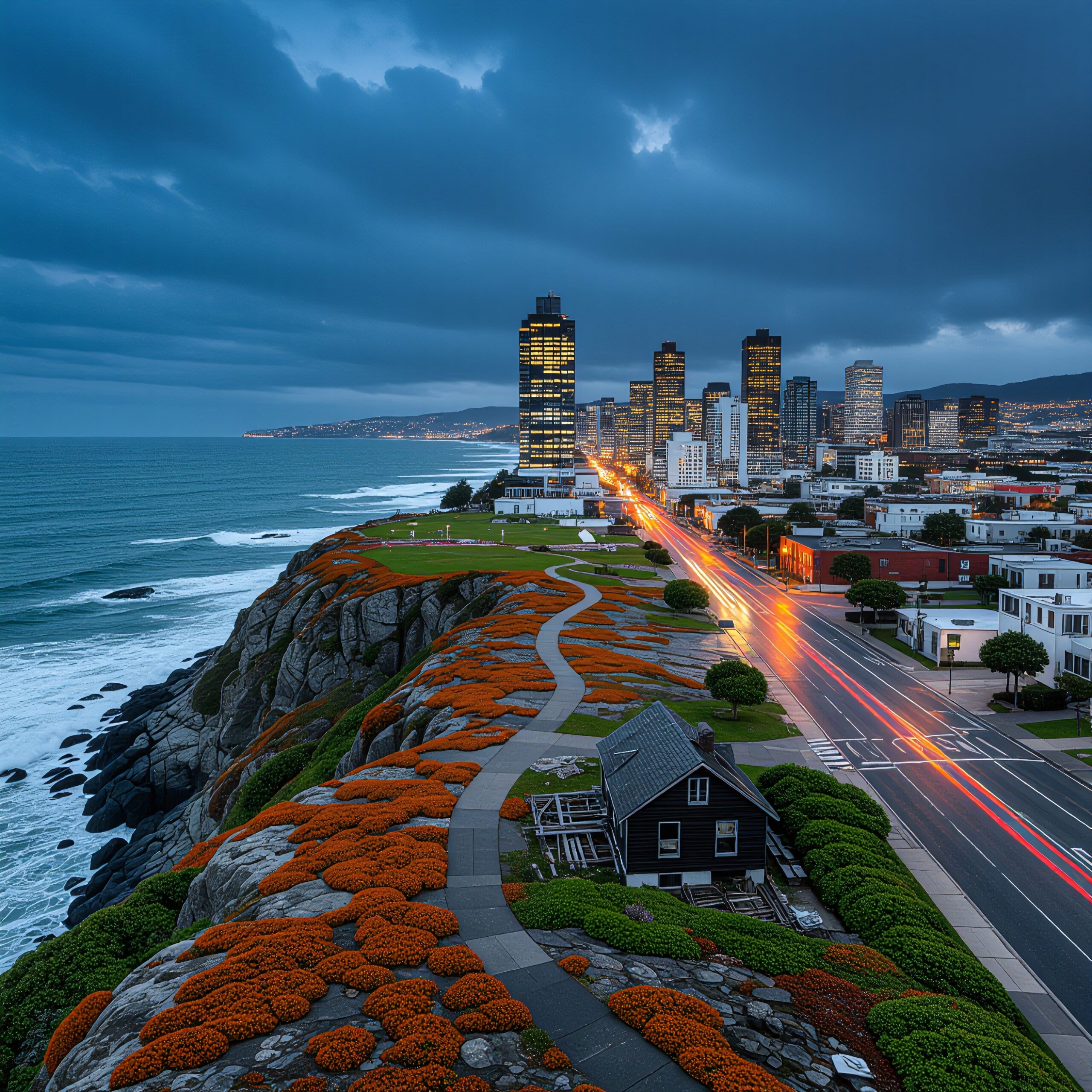 Dramatic Coastal Cityscape at Dusk