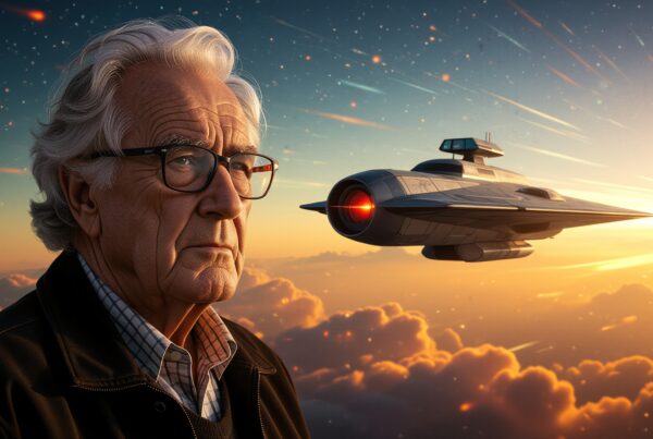 A contemplative elderly man stands under a starry sky with a futuristic spacecraft in the background, set against a sunset-drenched horizon.