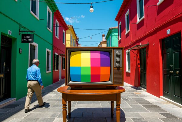 A vibrant street scene featuring colorful buildings and a vintage television displaying a test pattern, with a man walking away.