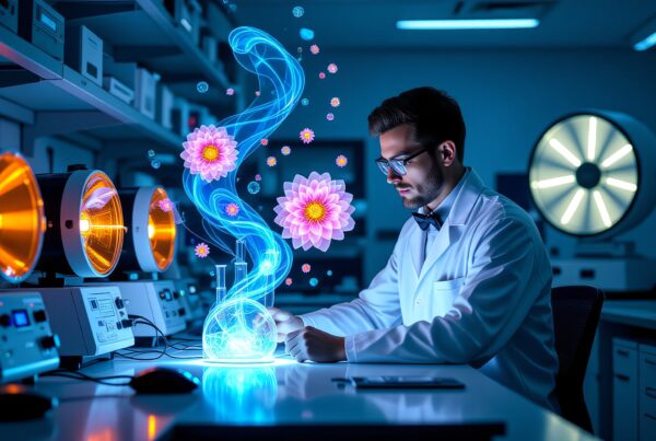 A scientist in a lab conducting a magical, innovative experiment with digital elements.