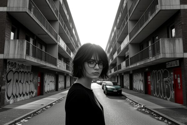 A woman stands in a graffiti-covered alleyway, surrounded by urban apartment buildings.