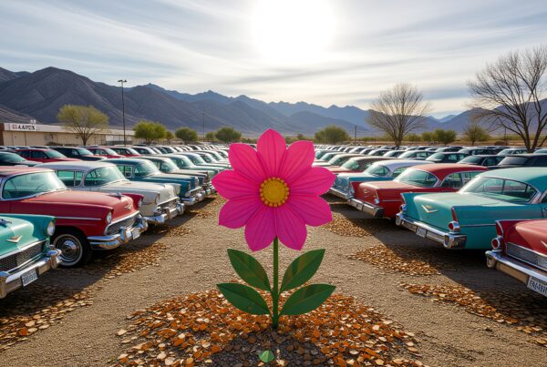 Surreal scene with vintage cars and oversized pink flower against mountain backdrop.