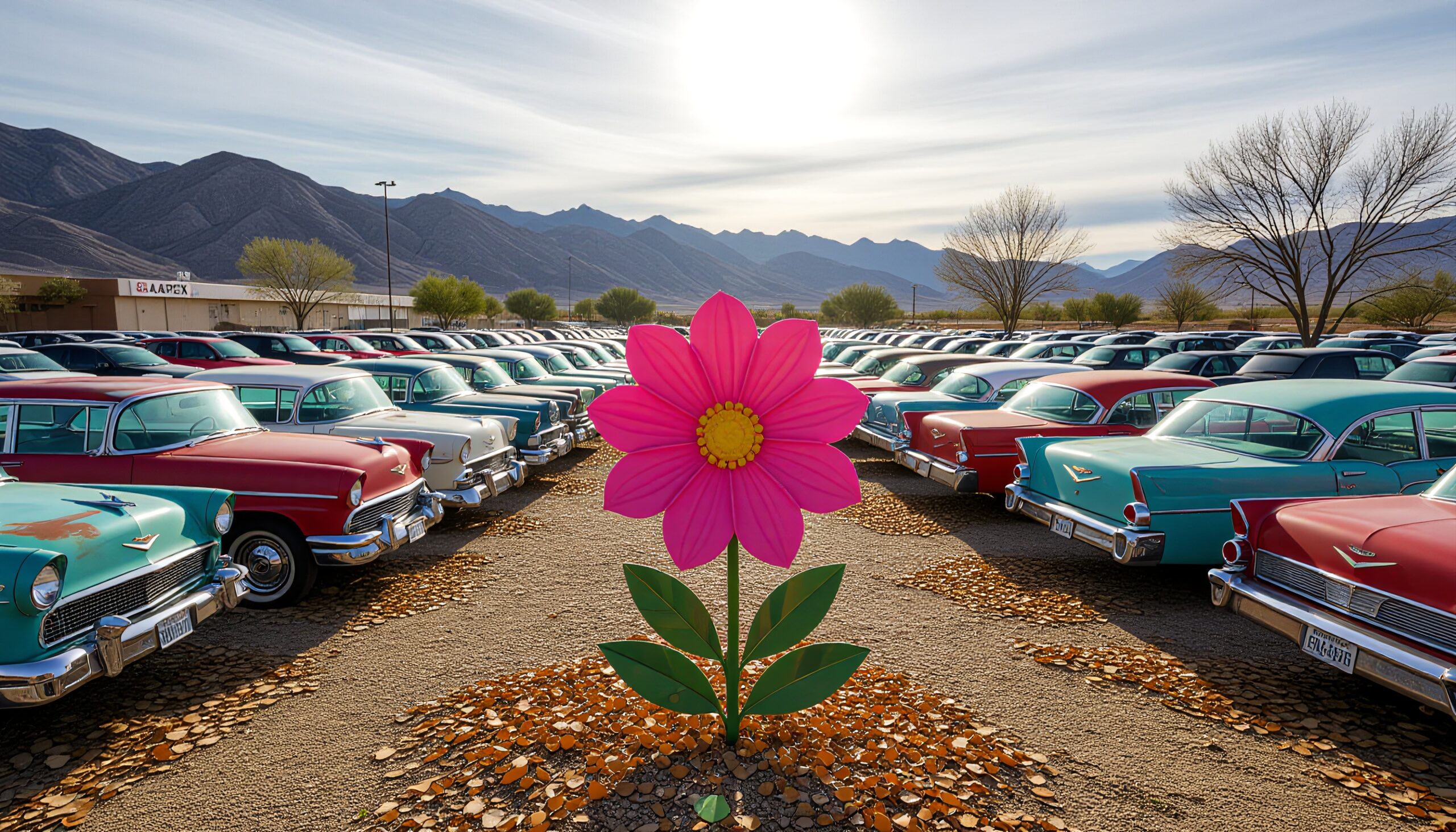 Vintage Cars with Pink Flower