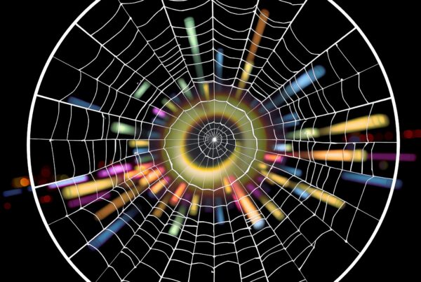 A vibrant spider web against a colorful cosmic burst background.