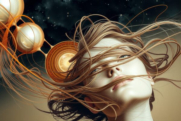 Digital artwork depicting a serene woman with flowing hair amidst luminous orbs against a starry night sky.