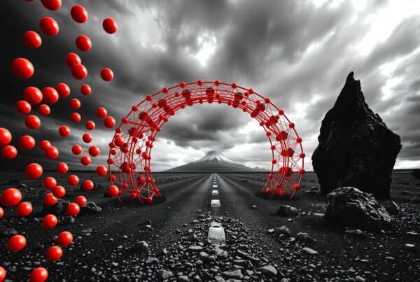 Surreal landscape with a road, mountain, and red spheres forming an arch under moody clouds.