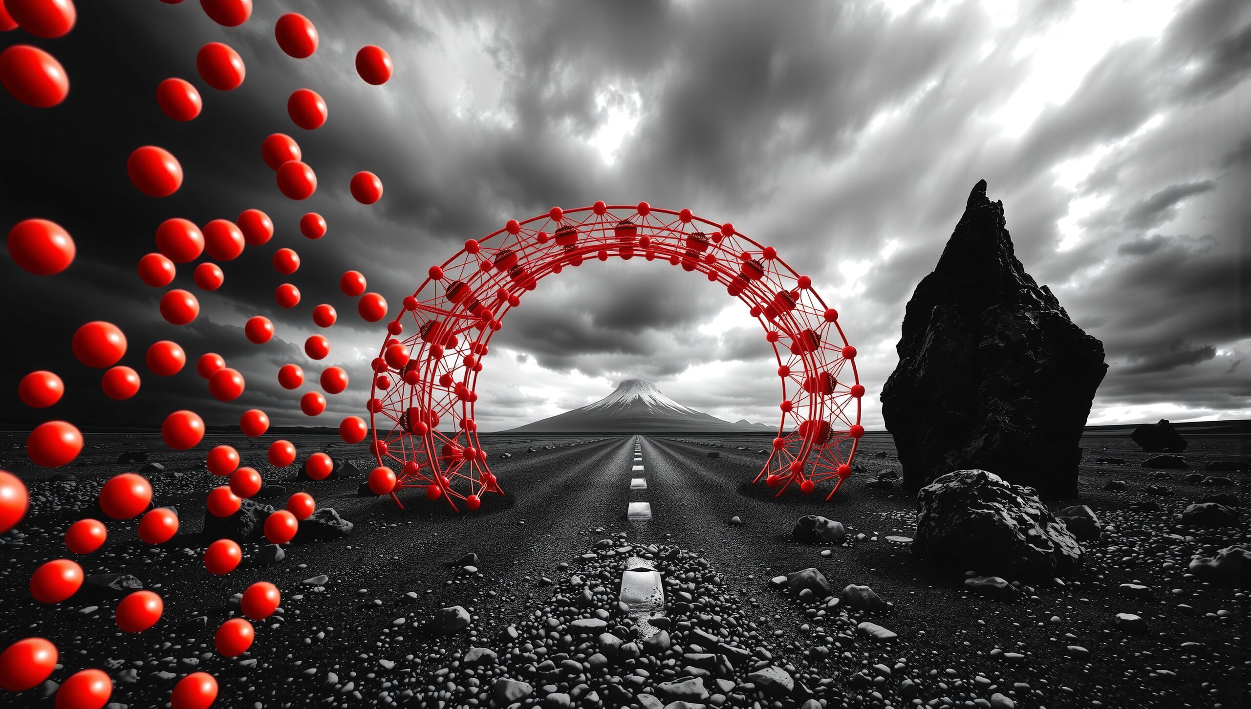 Surreal Landscape with Red Spheres