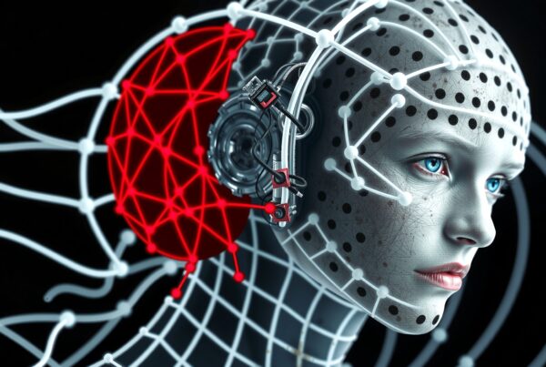 A high-tech humanoid with cybernetic features, showcasing an advanced integration of digital and organic elements, highlighted by a grid-like mesh and a prominent red electronic component.