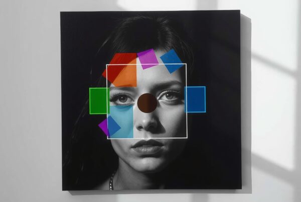 Monochrome portrait with colorful geometric shapes.