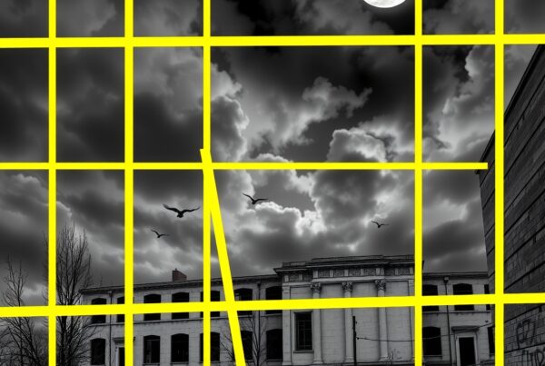 Abandoned building under moonlit sky with artistic yellow grid overlay and flying birds.