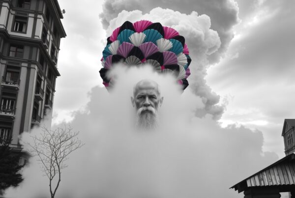 A bearded man's head emerges from clouds, with colorful umbrellas above in a surreal urban scene.