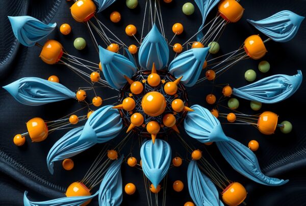 Abstract floral design with vibrant blue petals, orange spheres, and fabric background.