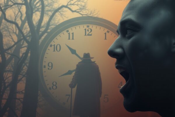 Artistic image of a man shouting at a large clock with a shadowy figure in a winter landscape.
