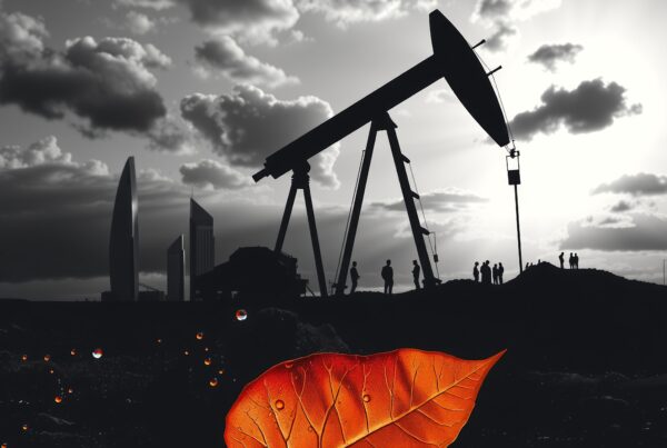 Vibrant orange leaf contrasts with industrial silhouette background.