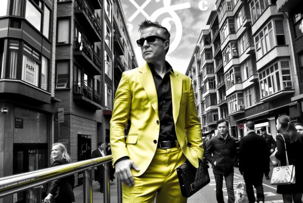 A man in a vibrant yellow suit stands confidently amidst a city street with monochrome backdrop symbols, blending fashion and urban life.