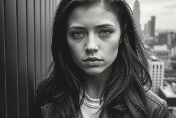 Black and white portrait of a young woman in a cityscape, featuring striking eyes and a leather jacket.