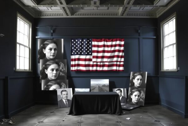A dimly lit room with American flag and portraits on the wall, creating a reflective and solemn atmosphere.