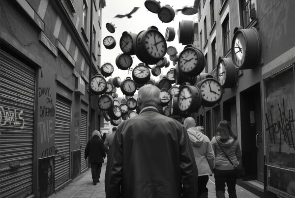 A surreal street scene with floating clocks above pedestrians in an urban alleyway.