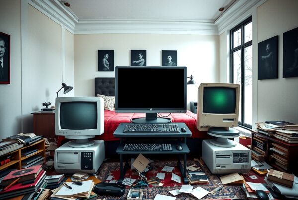 A room with a mix of vintage and modern technology, including a Macintosh computer, CRT monitor, and a contemporary computer amid scattered books and papers.