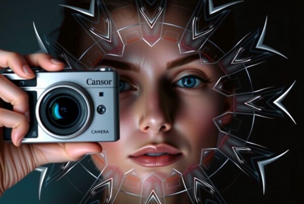 A woman with a futuristic camera surrounded by abstract geometric patterns.