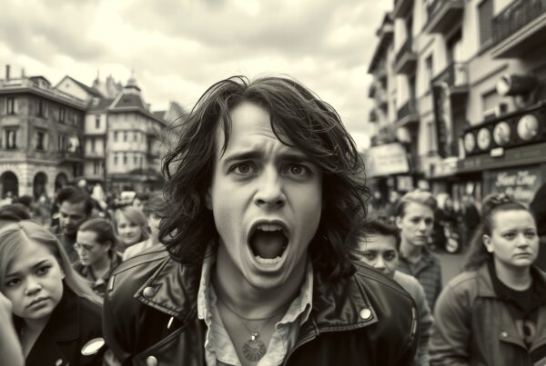 Young man shouting in urban crowd scene.