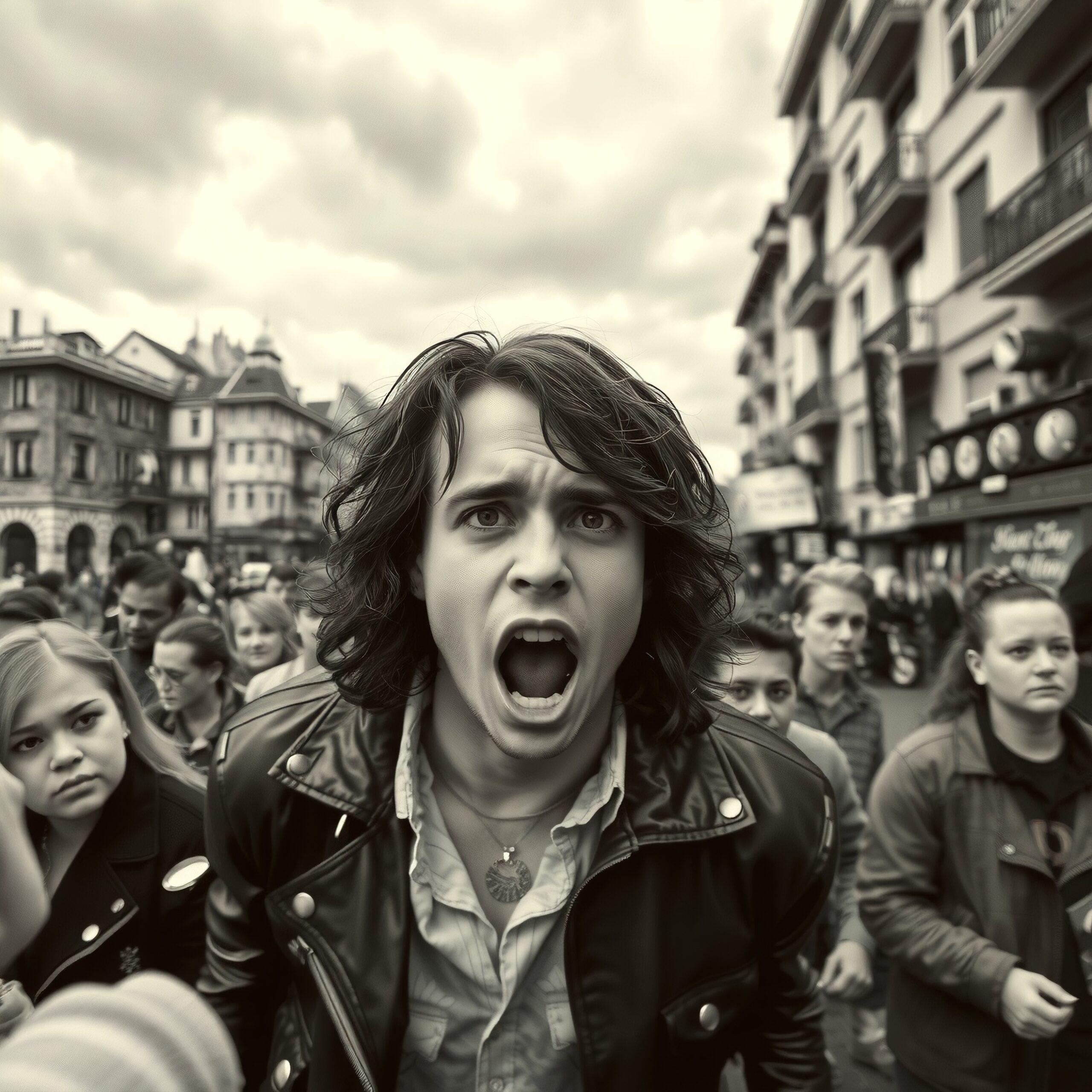 Man Expressing Emotion in Crowd