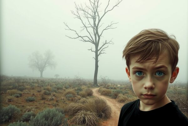 Young boy with blue eyes standing on a misty desert path.