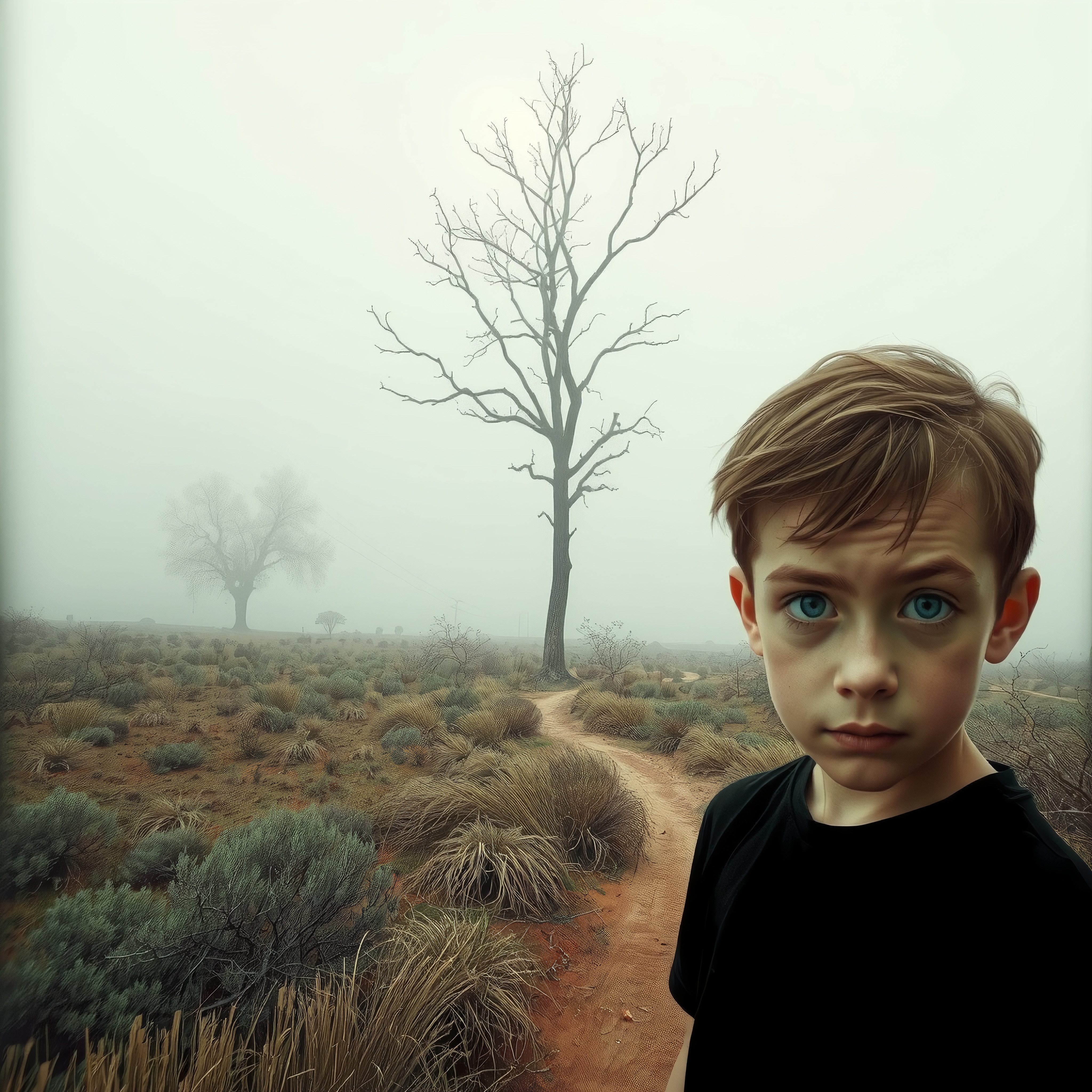 Boy on Foggy Desert Path