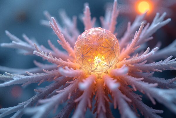 A glowing geometric sphere surrounded by frosty branches against a cool blue background.