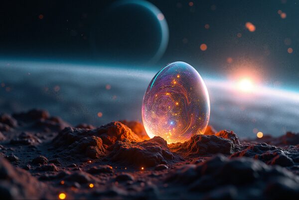 A glowing cosmic orb on alien terrain, showcasing swirling galaxies and illuminating a rocky extraterrestrial landscape under a distant starry sky.