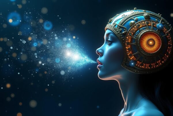 A futuristic woman with a mechanical helmet exhales sparkling particles in a dark, starry setting.