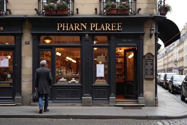 Charming Parisian shopfront with black wooden panels and gold lettering, featuring a man walking on a cobblestone street.