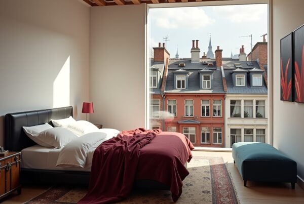 Modern bedroom with large window overlooking European cityscape.