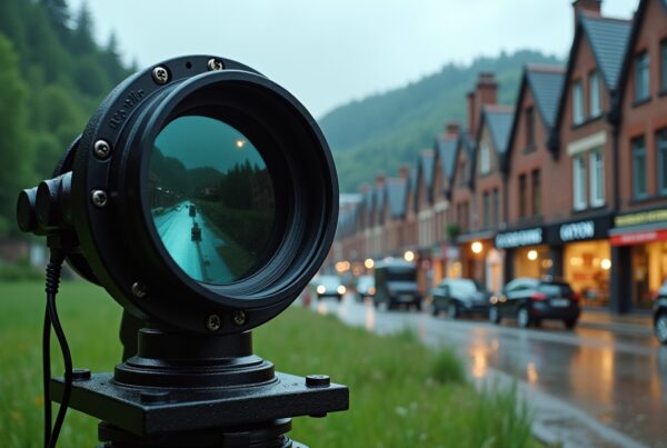 A telescope focuses on a rainy street in a quaint town, capturing wet reflections and scenic hills.