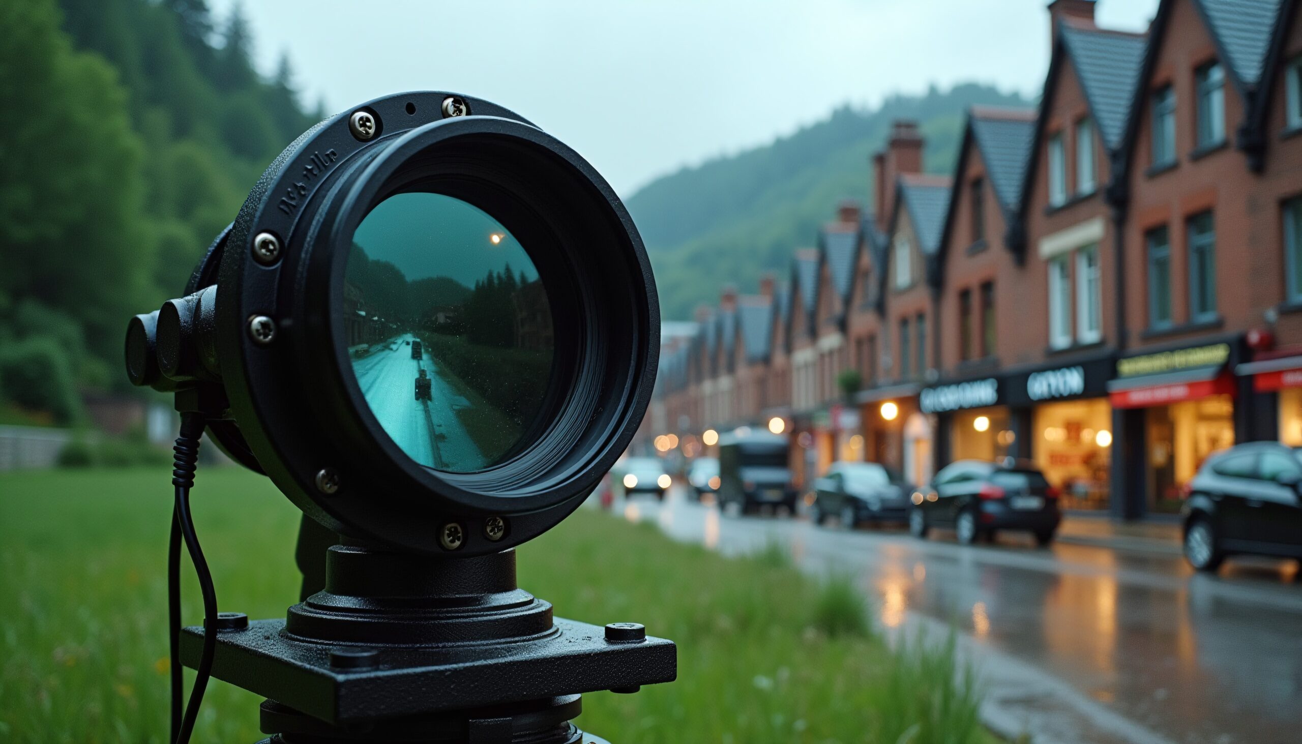 Telescope Focuses on Rainy Street
