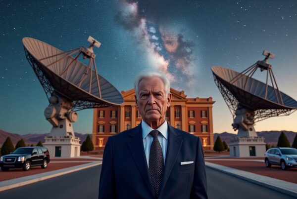 An elderly man stands before satellites and building under the starry Milky Way.