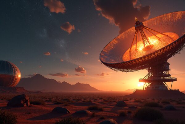 A futuristic satellite dish illuminated by a vibrant sunset in a desert landscape.