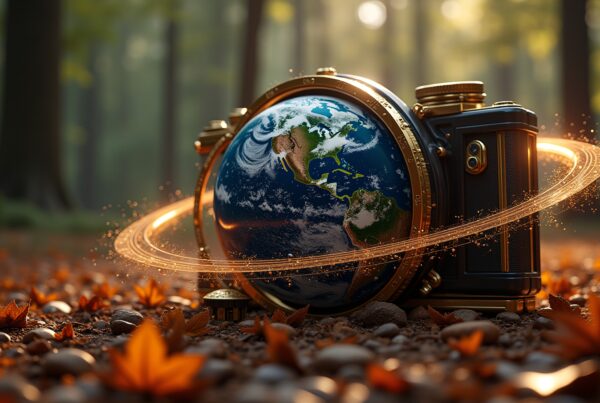 A globe as camera lens depicting exploration in autumn.