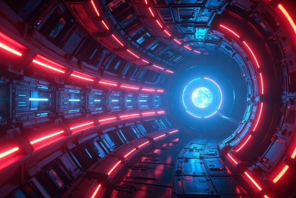 A futuristic neon-lit tunnel leading to a glowing blue orb, creating a captivating sci-fi atmosphere.
