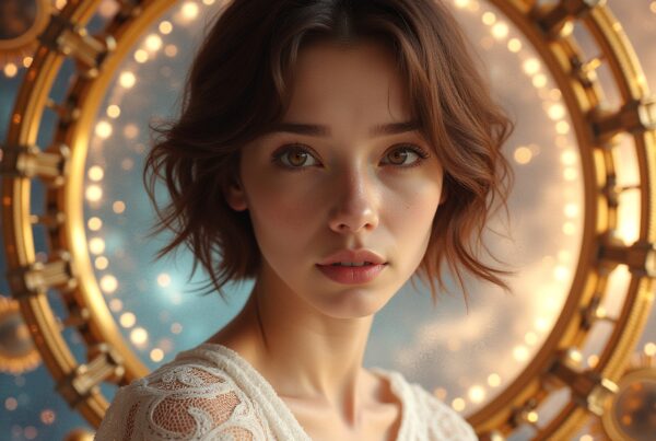 A serene portrait of a young woman with wavy brown hair, framed by glowing golden circular lights against a cosmic blue background.