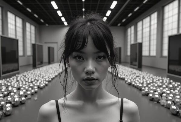 A woman in a monochrome gallery, surrounded by reflective metallic spheres and large windows, creates a dramatic contrast.