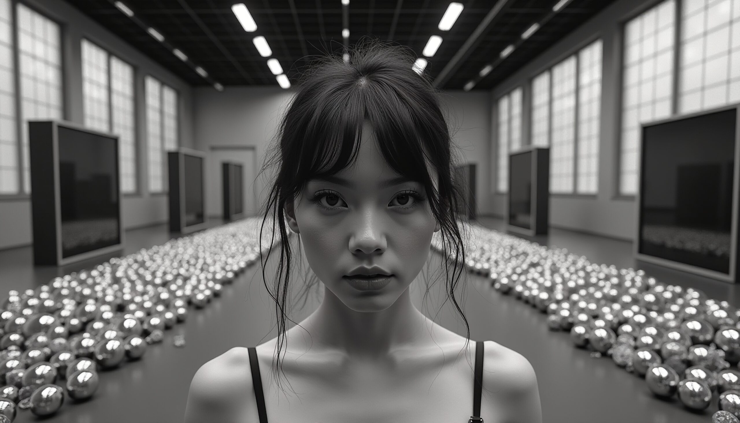 Monochrome Gallery with Metallic Spheres