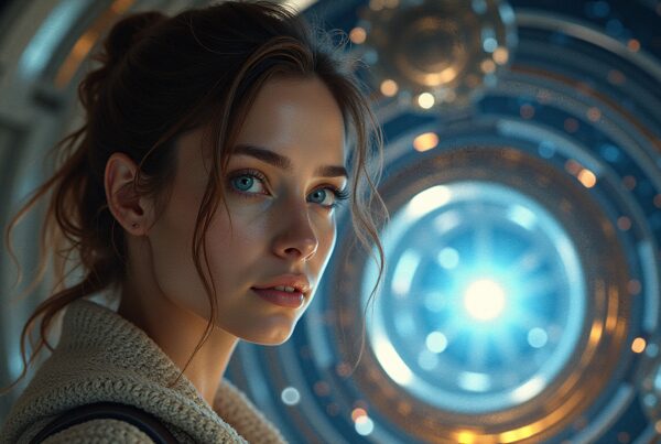 A young woman in a futuristic setting with blue lighting and a high-tech background.